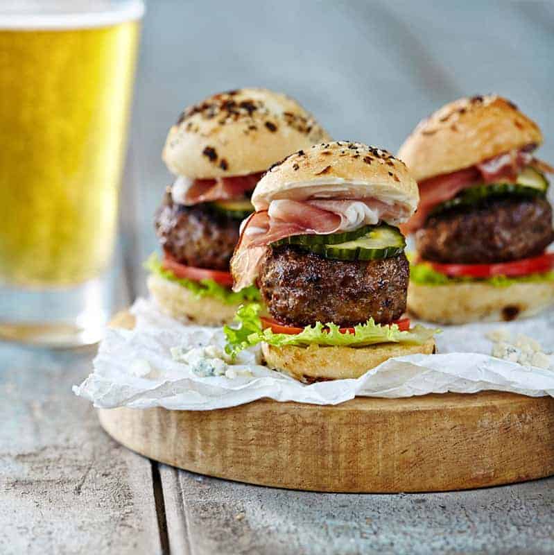 Blue Cheese Stuffed Sliders with Garlic Aioli