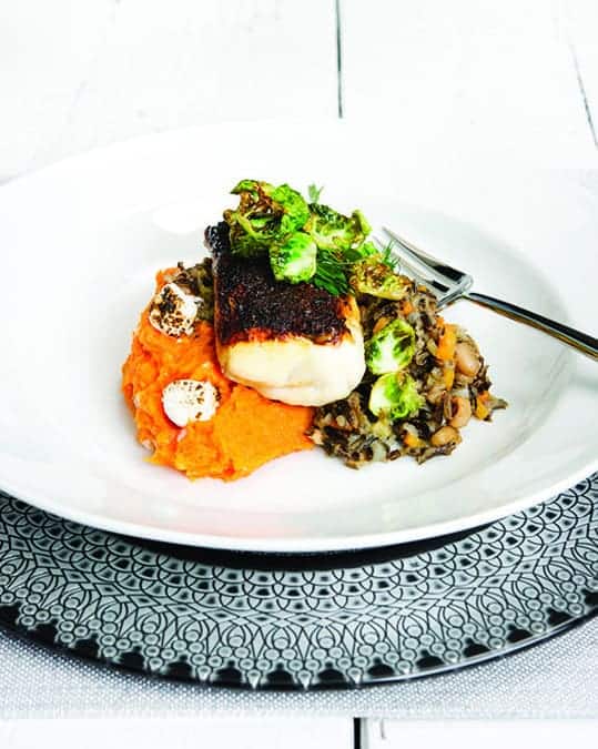 Blackened Halibut, Sweet Potato Mash with Toasted Marshmallows, Hoppin’ John and Roasted Brussels Sprouts