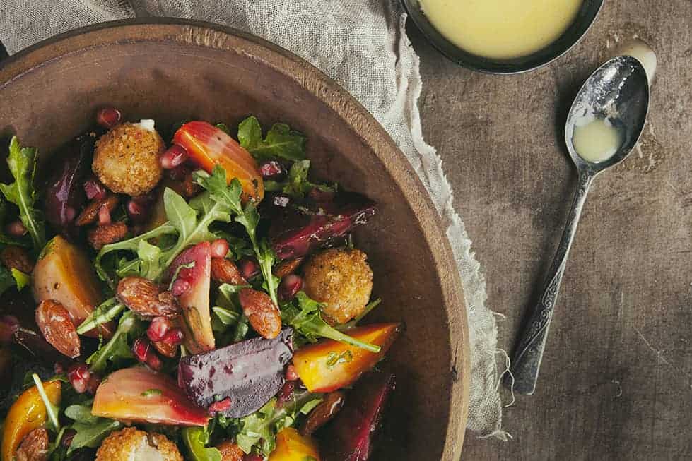 Mixed Beet Salad with Citrus Vinaigrette, Candied Almonds & Goat Cheese Croutons