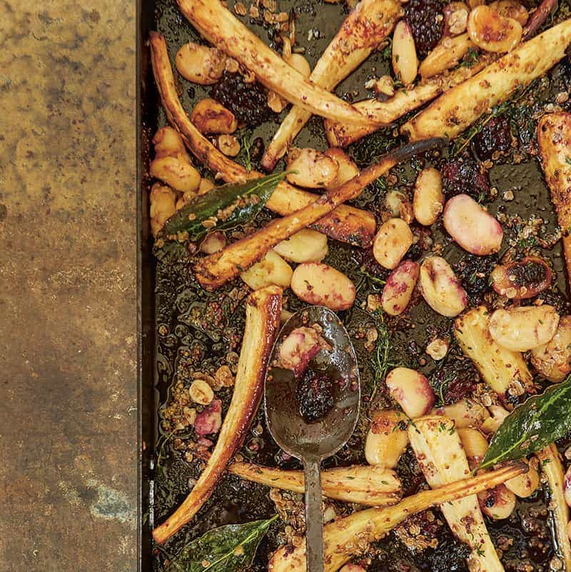 Parsnip,  butter bean and blackberry traybake