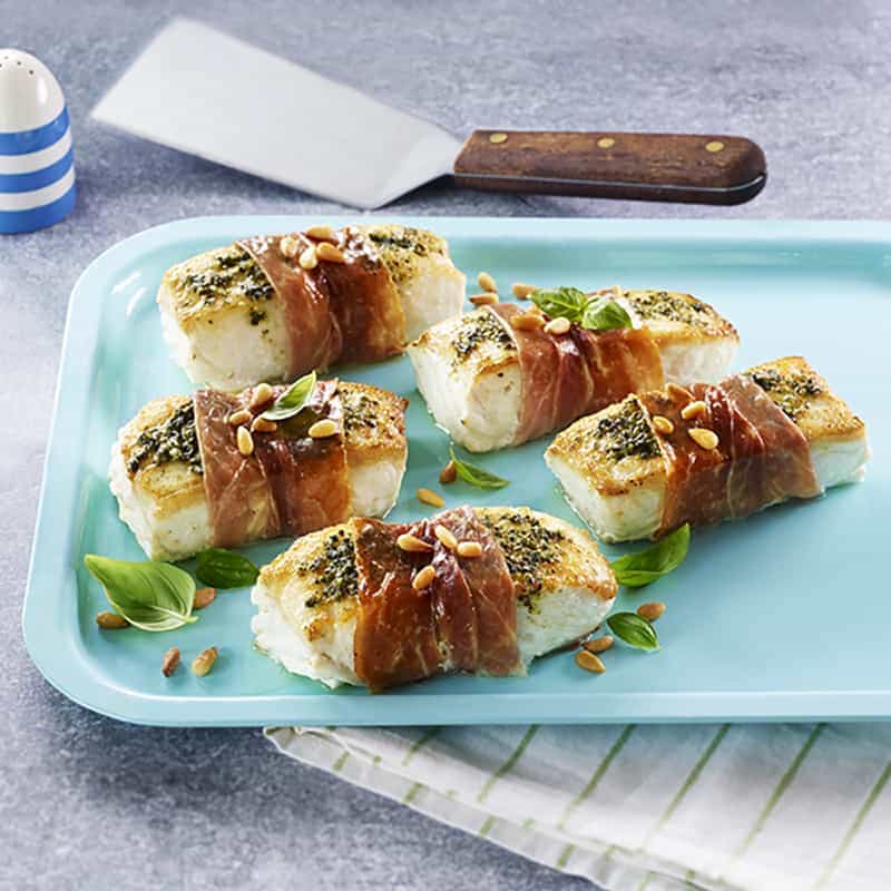 Roasted Prosciutto-Wrapped White Fish with Pesto
