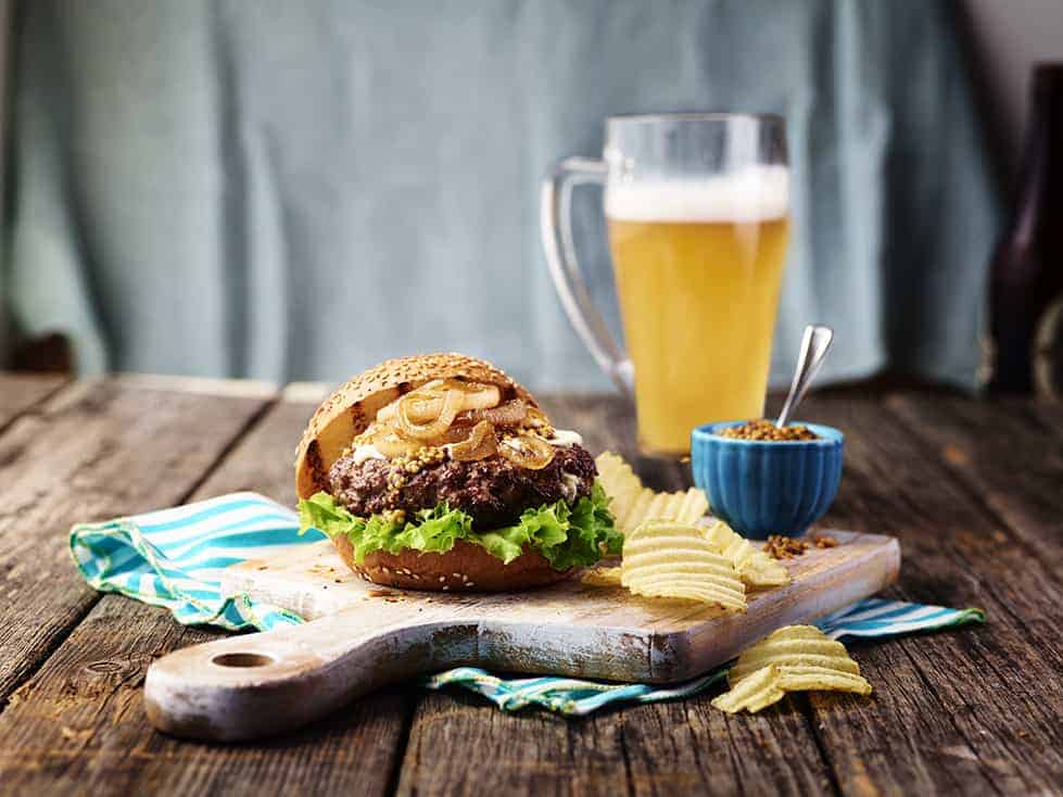 Stilton-stuffed Burger with Caramelized Onions