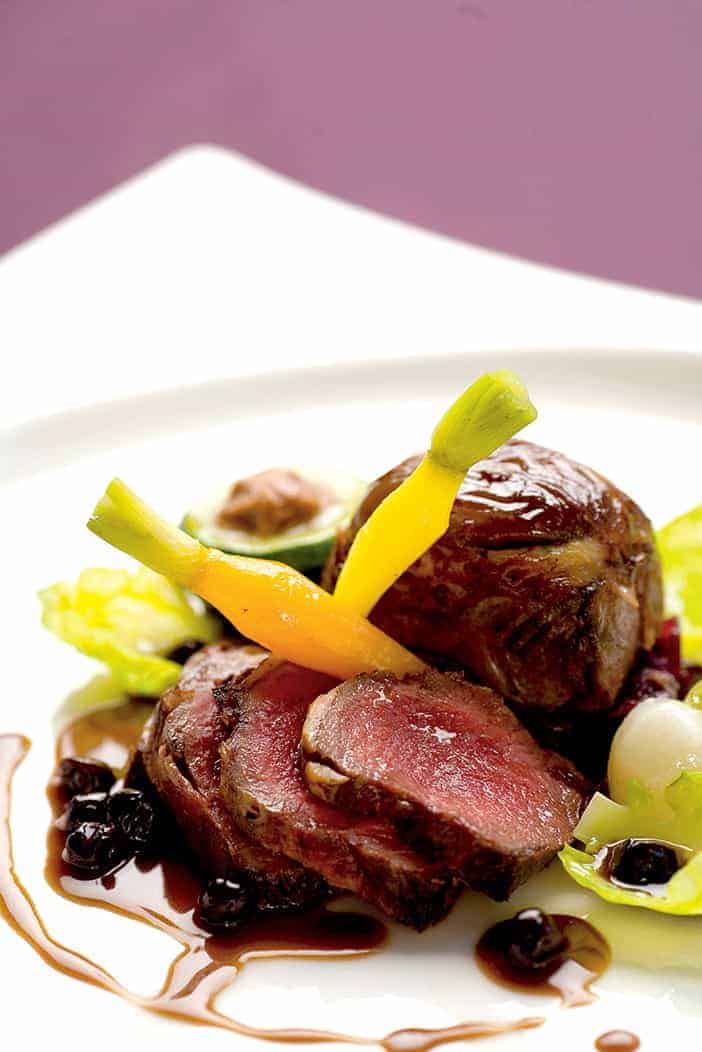 Venison Striploin with Green & Black’s Dark Chocolate Sauce and Seasonal Baby Vegetables