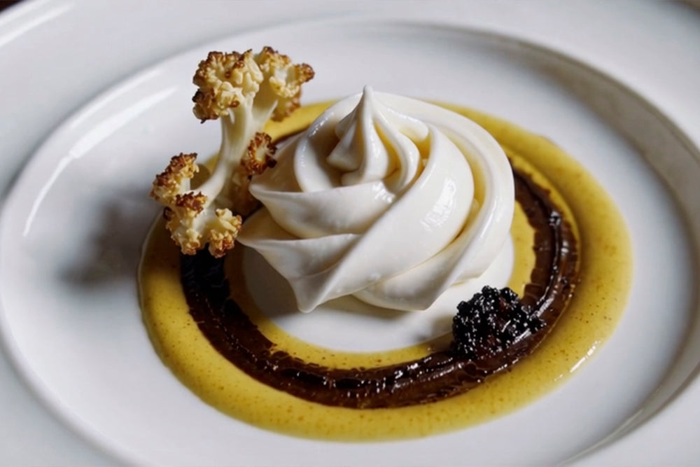 Cauliflower Cloud with Charred Purée, Turmeric Foam, and Crispy Leaves