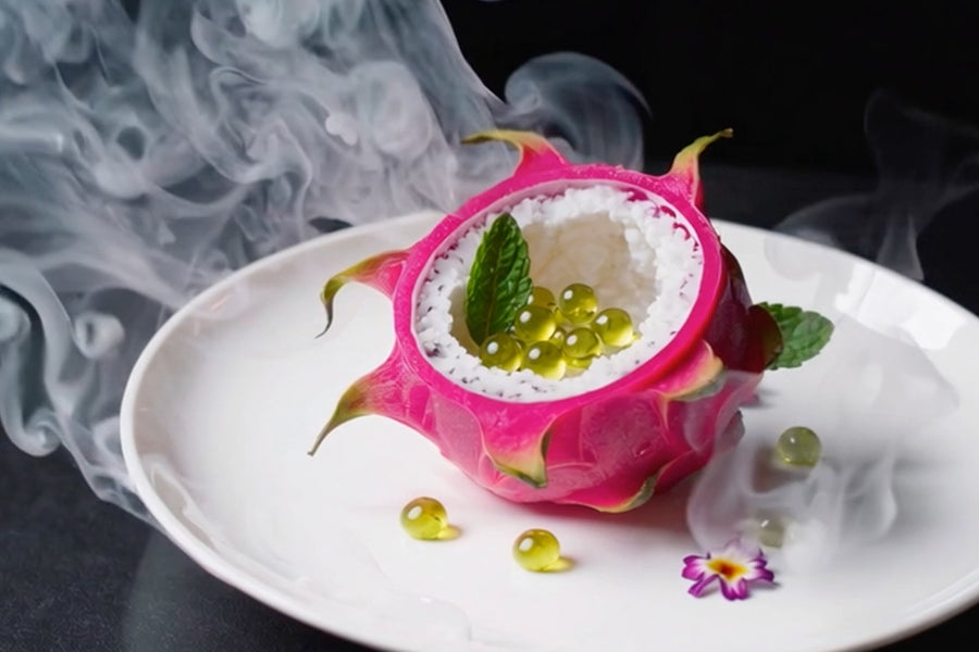 Dragon Fruit and Coconut Sphere with Lime Caviar and Passionfruit Mist