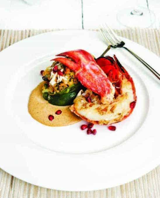 Chili Relleno en Nogada (Stuffed Poblano with Pecan Sauce) with Grilled Lobster
