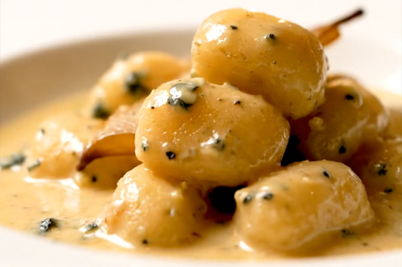 Fermented Pear & Blue Cheese Gnocchi with Candied Jalapeños