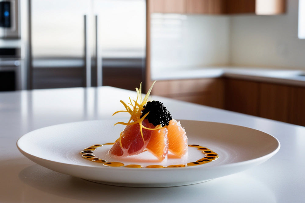 Grapefruit Crudo with Yuzu Caviar and Charred Shiso Oil