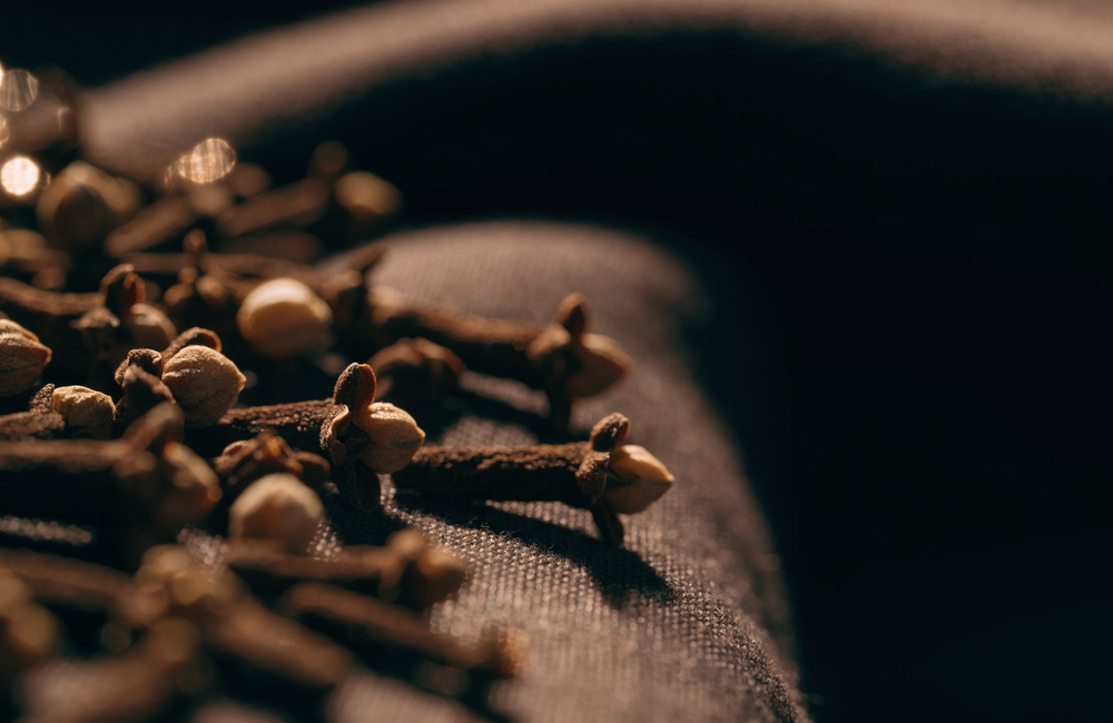 Whole dried clove buds scattered on dark linen in warm amber light, macro editorial still life.