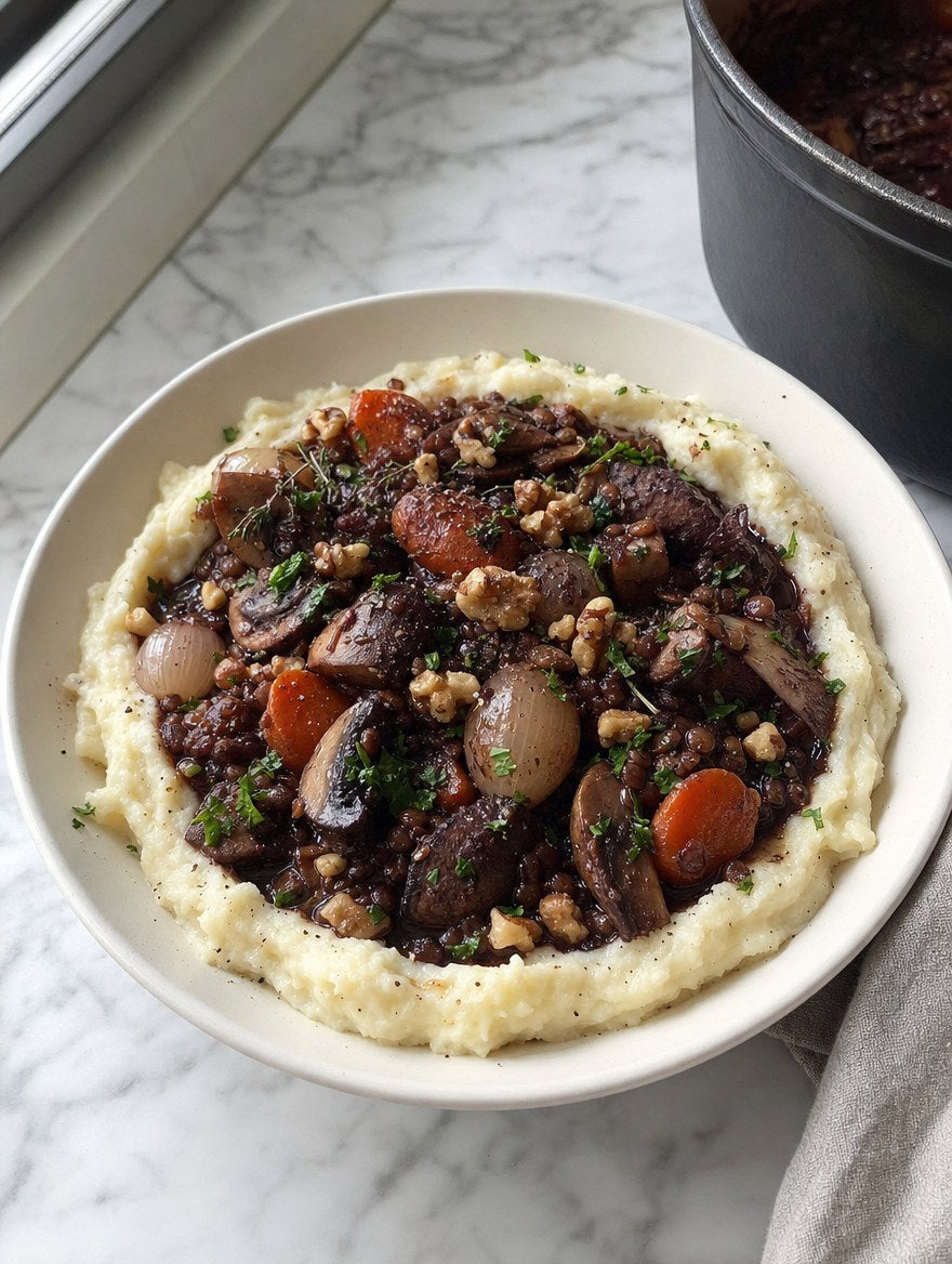 Lentil and walnut bourguignon over creamy mashed potatoes in a white bowl beside a Dutch oven