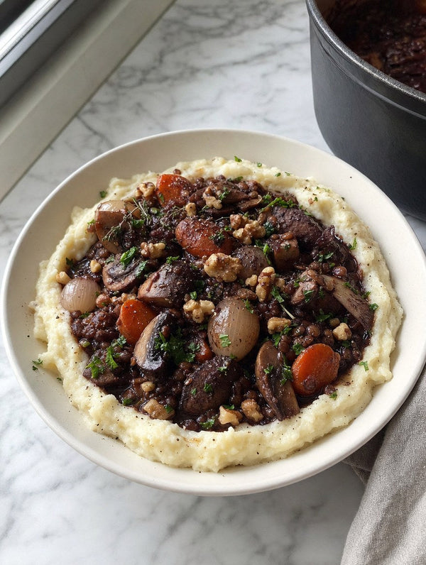 Lentil and walnut bourguignon over creamy mashed potatoes in a white bowl beside a Dutch oven