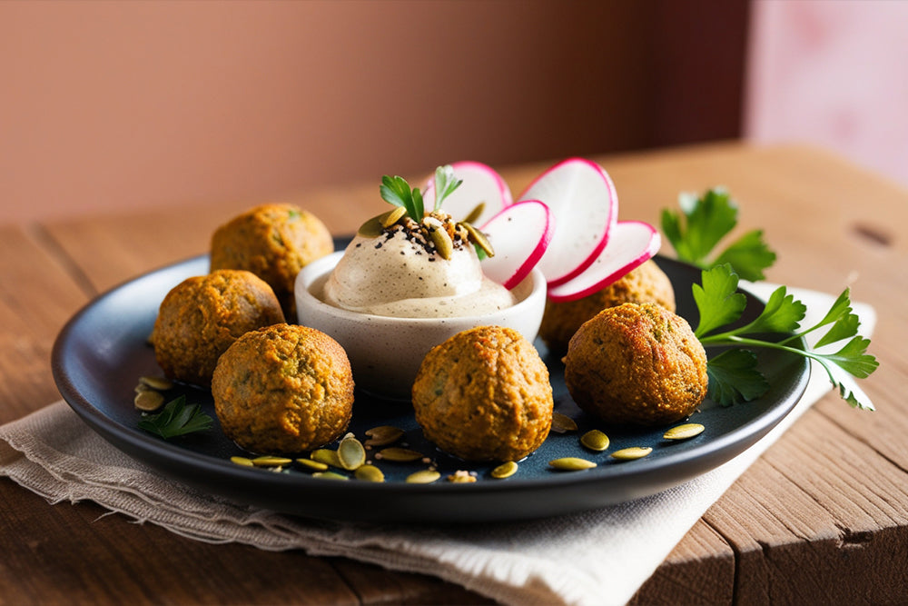 Pumpkin Seed Protein “Meatballs” with Ghost Pepper Aioli and Pickled Autumn Radishes