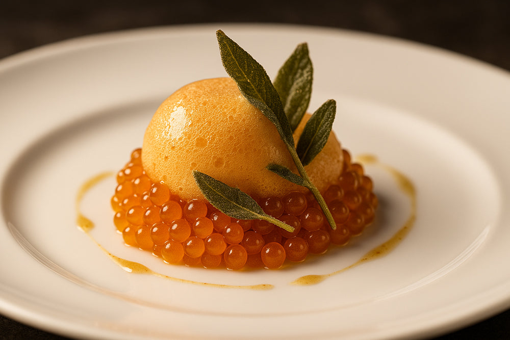 Pumpkin Spice Caviar Spheres with Crispy Sage and Maple Foam