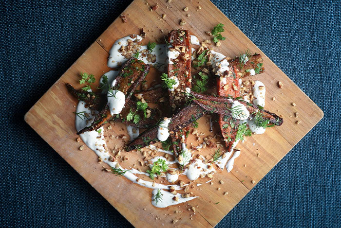 Roasted Rainbow Carrots with Creamy Herb Dressing & Pecans