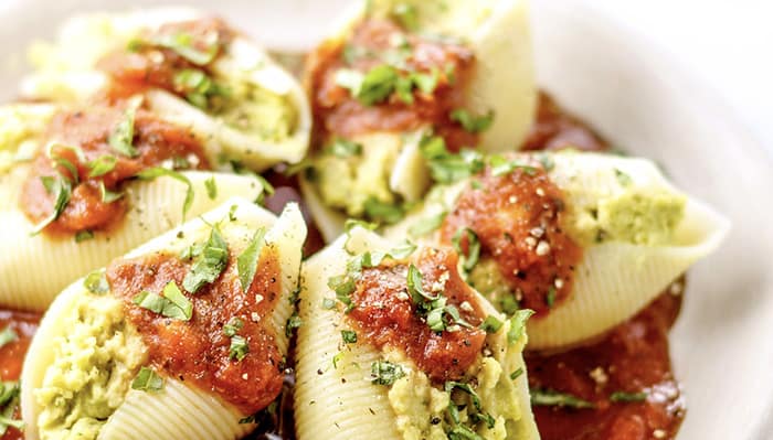 Vegan Split Pea Pesto Stuffed Shells