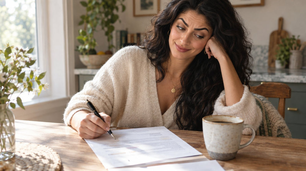 Woman at a kitchen table annotating her biological age test results letter with a pen, coffee beside her