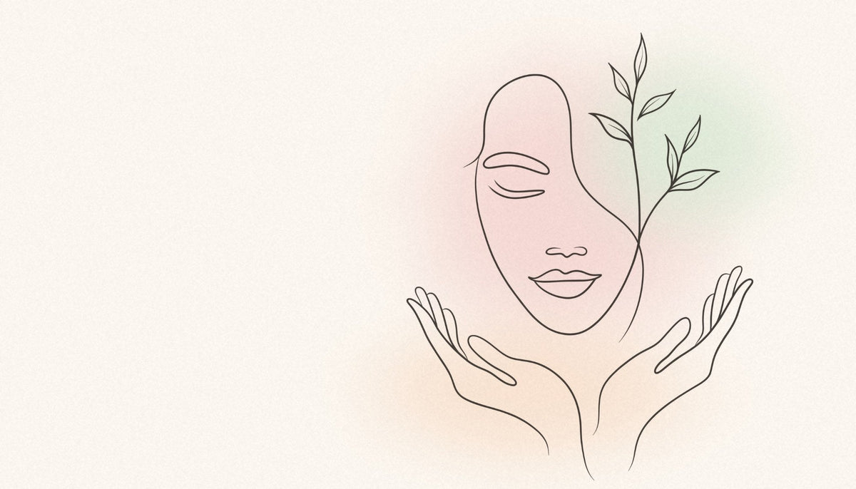Line drawing of a woman with closed eyes held by two caring hands, a branching stem growing beside her, for an article on new triple-negative breast cancer treatments