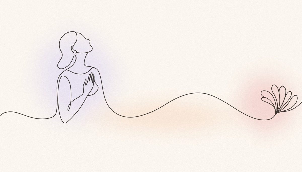 Line drawing of a woman with her hand on her heart, a flowing line ending in a flower, for an article on skipping chemotherapy after a gene test