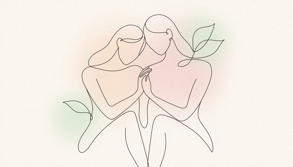 Line drawing of two sisters leaning together and holding hands among leaves, for an article on HER2-positive breast cancer treatment with less chemotherapy