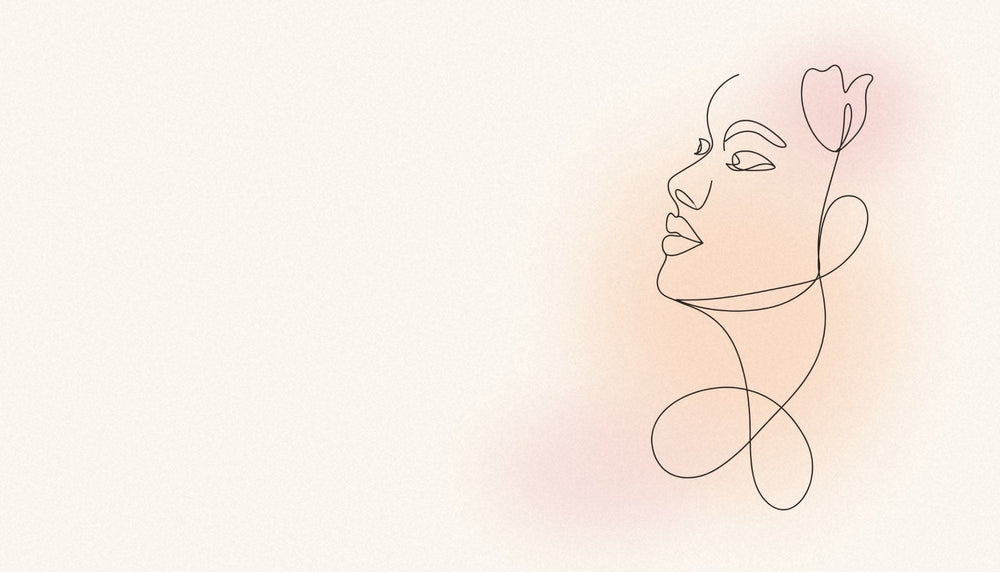 Line drawing of a woman's face in profile with a single line forming an awareness ribbon and a flower bud, for an article on breast screening at 40