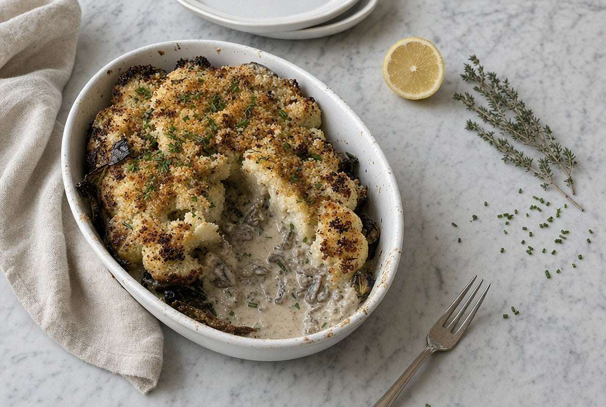 A roasted cauliflower slab in a white oval gratin dish under a golden panko crust and creamy mushroom sauce, on marble with lemon, thyme and chives