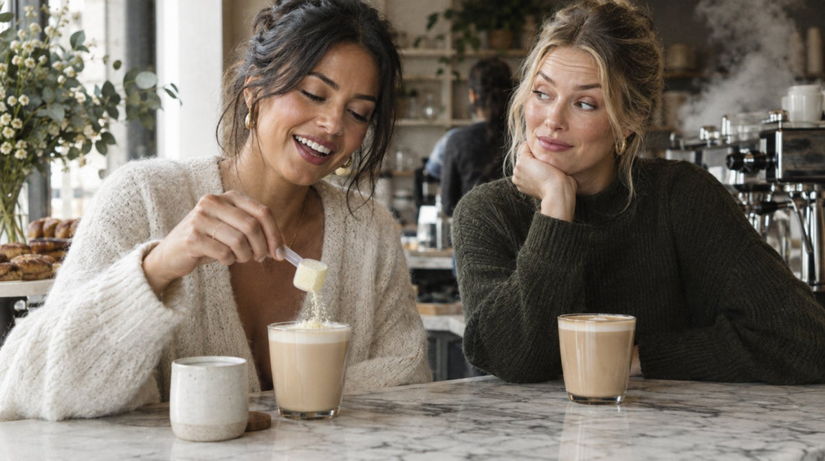 Two friends at a café counter, one adding bovine colostrum powder to her latte while the other looks sceptical