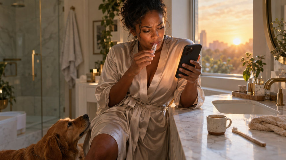 Woman at a marble bathroom counter at sunrise with a saliva strip in her mouth, trying a cortisol test at home