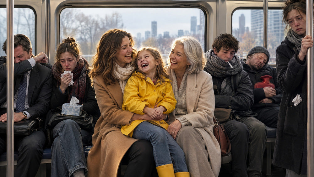 Three generations of a family laughing together on a subway car while the commuters around them sneeze, blow their noses and doze through flu season