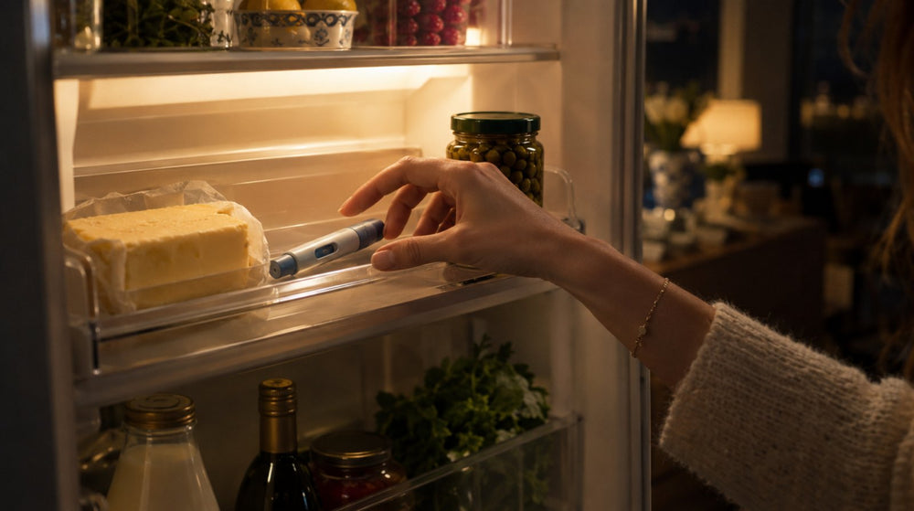 Open refrigerator at night with a GLP-1 injection pen in the butter compartment, a hand reaching in for it