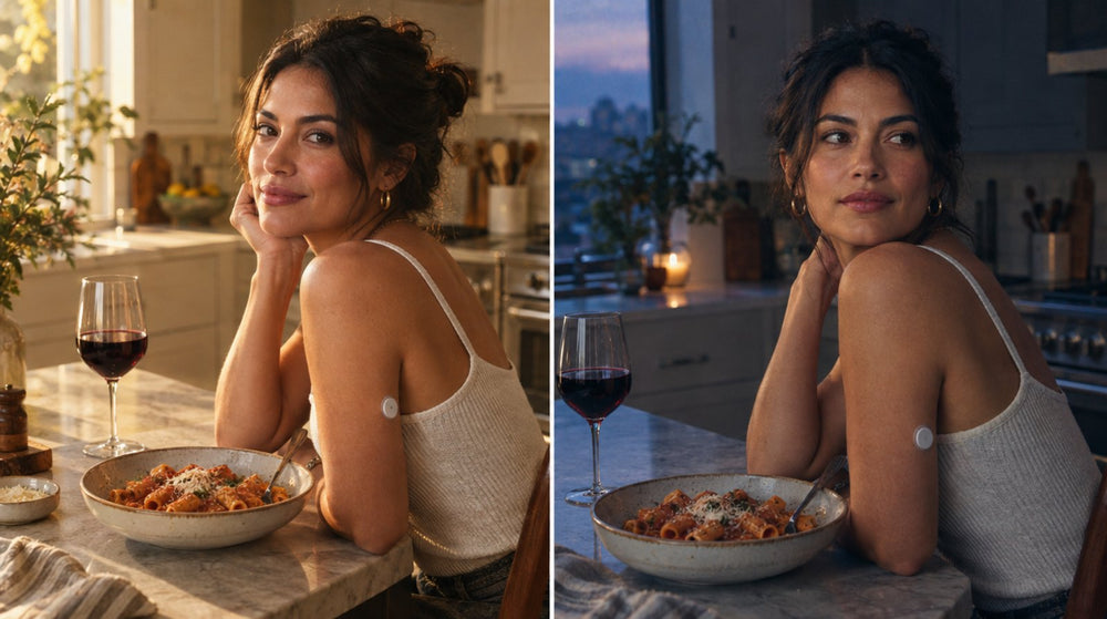 Same pasta dinner on two evenings with a glucose sensor on a woman's arm, showing blood sugar before your period