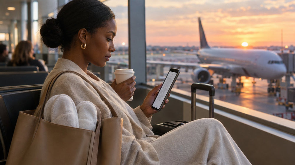 Woman at an airport gate reading her longevity clinic test results on her phone, spa slippers in her tote bag