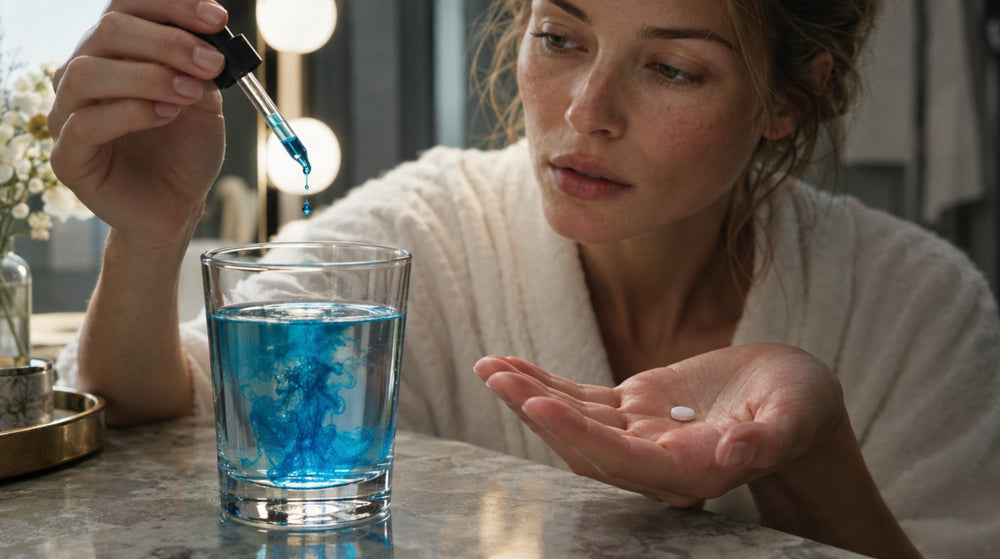 Glass of water turning bright blue from methylene blue drops beside a hand holding an SSRI-style white pill