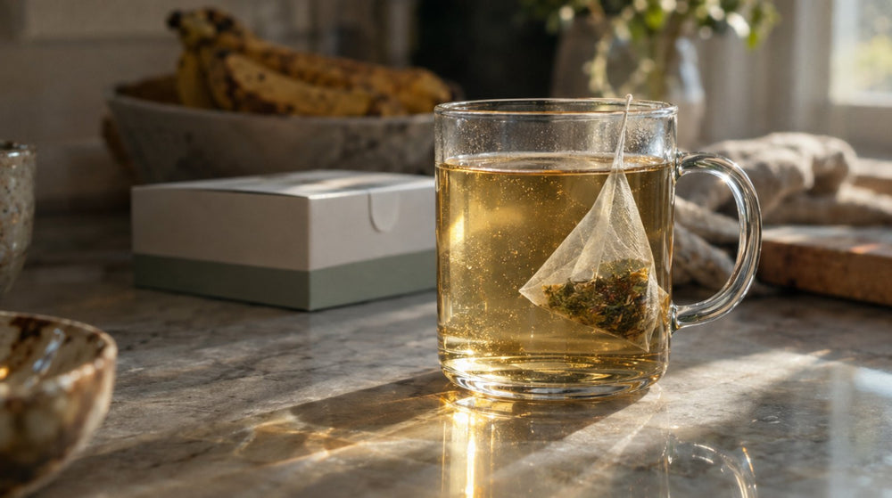 Plastic pyramid tea bag steeping in a glass mug with tiny specks in the water, next to a microplastics test kit