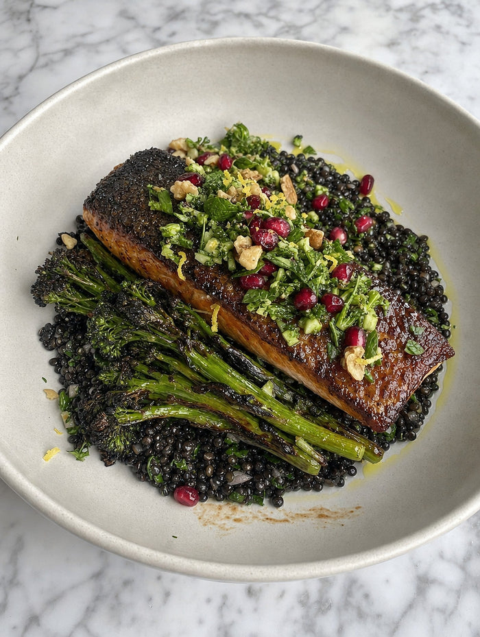 Biohacking Left the Supplement Cabinet: Miso-Glazed Salmon with Beluga Lentils