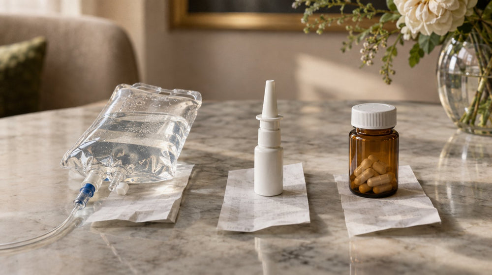 NAD+ IV bag, nasal spray and supplement bottle lined up on receipts, comparing NAD+ IV vs supplement costs