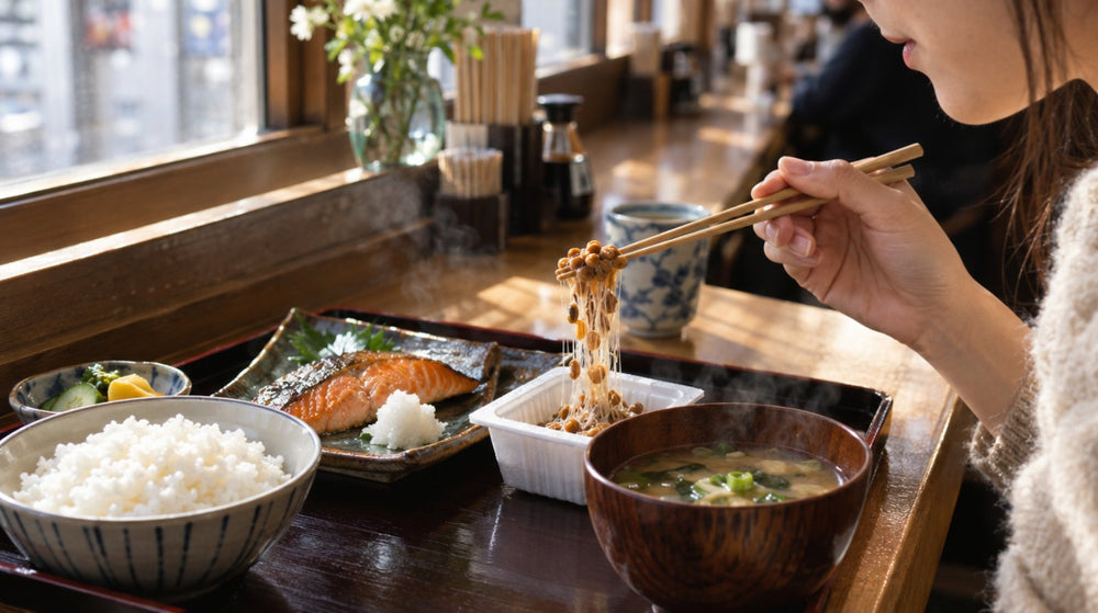 Tokyo breakfast tray with miso soup, salmon and chopsticks lifting sticky natto, the food behind nattokinase