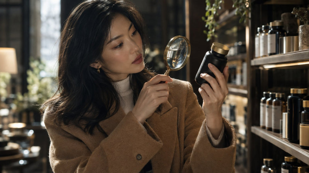 Woman in a camel coat inspecting an NMN supplement bottle with a magnifying glass to check if NMN is legal in Canada