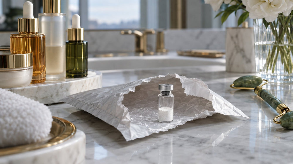 Unlabelled peptide vial in a torn padded envelope among skincare serums, asking whether BPC-157 is legal in Canada