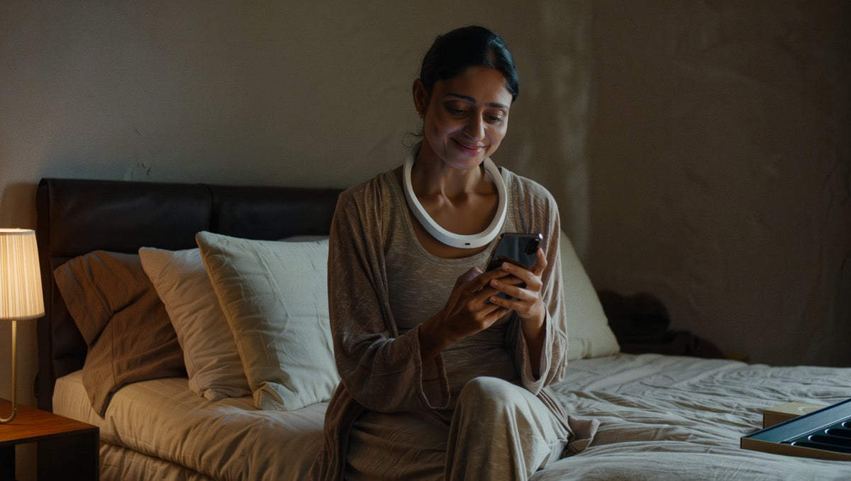 Woman on her bed at night wearing a white vagus nerve stimulator neckband and checking its app on her phone