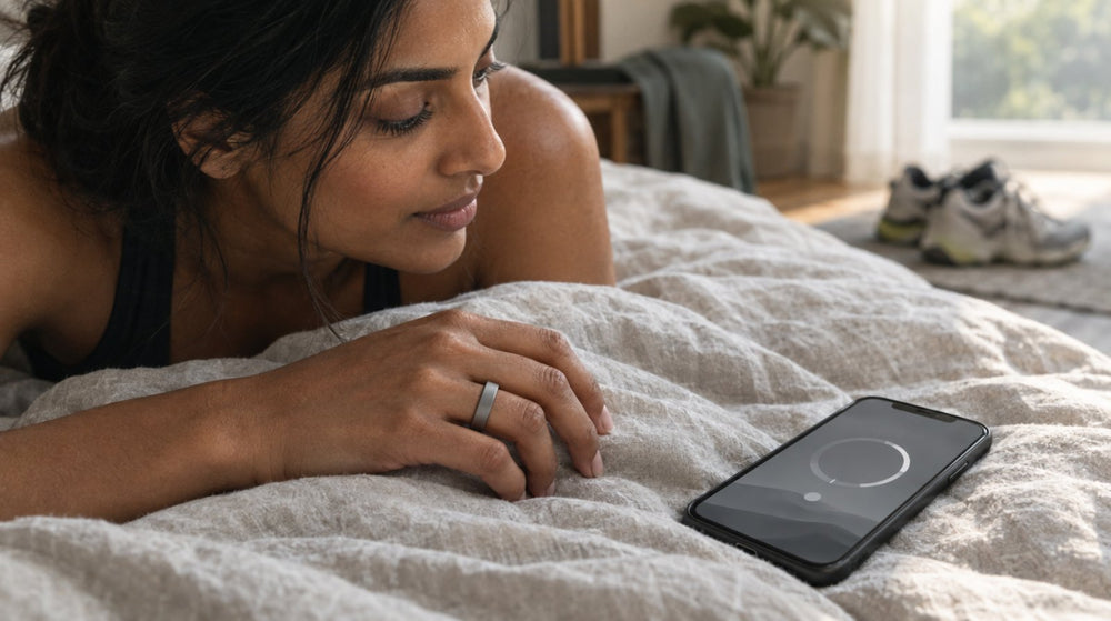Hand wearing a titanium smart ring on a linen duvet at dawn, phone showing a low readiness score beside it