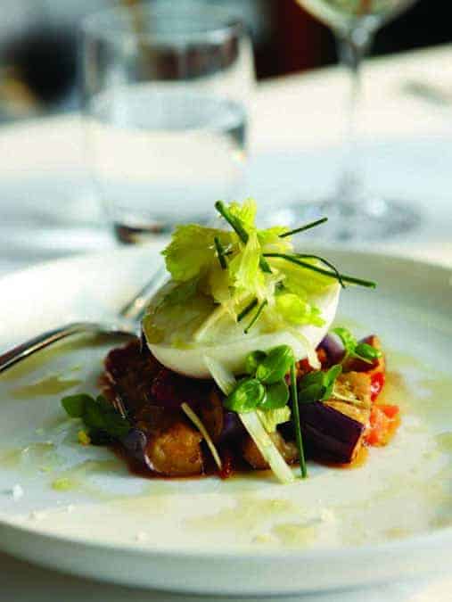 Winter Caprese – Eggplant, Mozzarella, Basil, Celery Salad, Tomato Vinaigrette