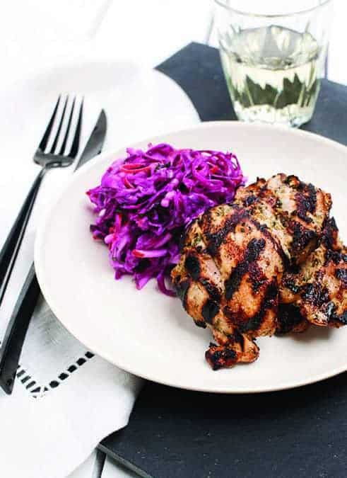 Yogurt marinated chicken thighs with coleslaw