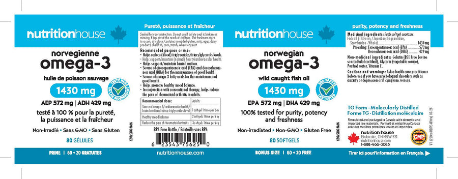 NUTRITION HOUSE Norwegian Omega-3 1430 mg,  Bonus 60 + 20 Softgels