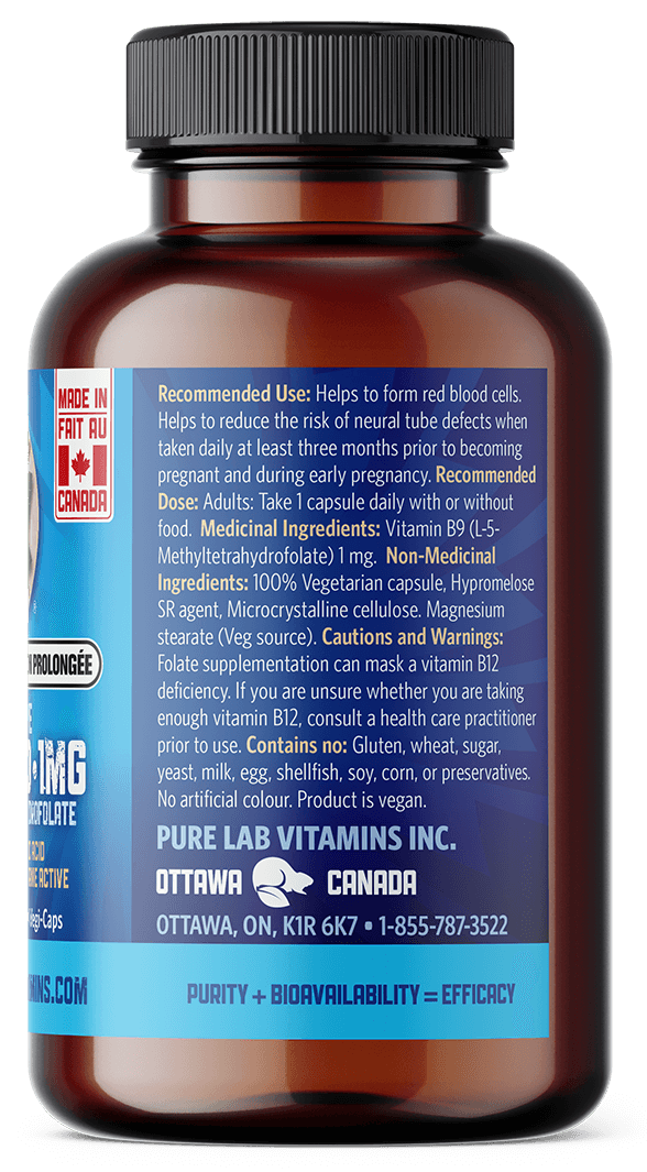 Brown supplement bottle with blue label on a black background