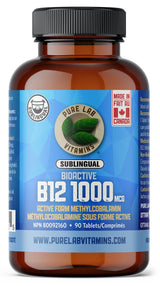 Bottle of Pure Lab Vitamins B12 supplement on a white background
