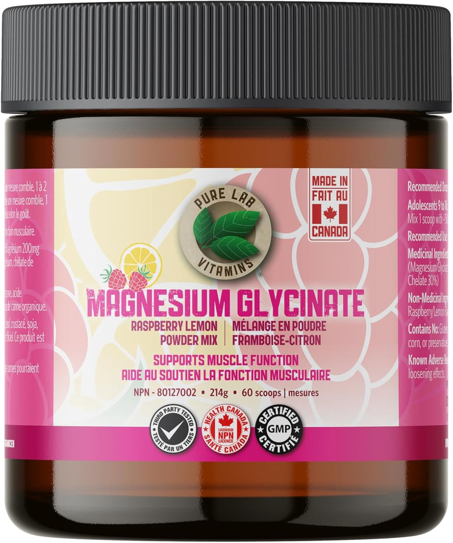 PURE LAB VITAMINS Magnesium Glycinate Raspberry Lemon Powder Mix 200 mg