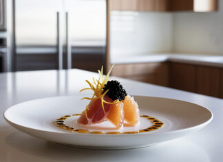 Grapefruit Crudo with Yuzu Caviar and Charred Shiso Oil