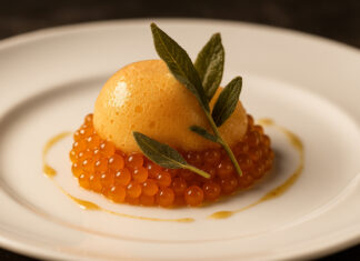 Pumpkin Spice Caviar Spheres with Crispy Sage and Maple Foam