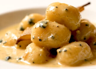 Fermented Pear & Blue Cheese Gnocchi with Candied Jalapeños